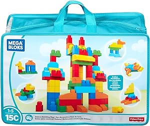 MEGA BLOKS Fisher-Price Toddler Block Toys, Deluxe Building Bag with 150 Pieces and Storage Bag