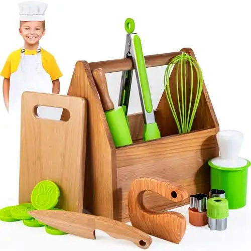 Kids Cooking & Baking Set with Storage Case, Montessori Kitchen Tools Set for Toddlers with Chef Hat, Apron,Toddler Safe Knife, Mold & More, Real Kitchen Utensils for Junior Chef, Food Grade M...