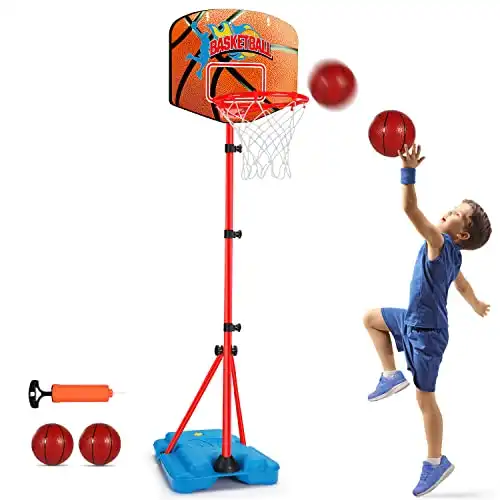 Toddler Basketball Hoop Stand Adjustable Height 2.5 ft -6.2 ft Mini Indoor Basketball Goal Toy with Ball Pump for Kids Boys Girls 2 3 4 5 6 7 8 Years Old Outdoor Outside Toys 1-3 4-8 Yard Games
