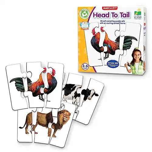 The Learning Journey: Match It! Head to Tail - 20 Self-Correcting Animal-Themed Puzzle Sets - Matching Puzzles for Children Ages 3-6 Years (40 Pieces), White