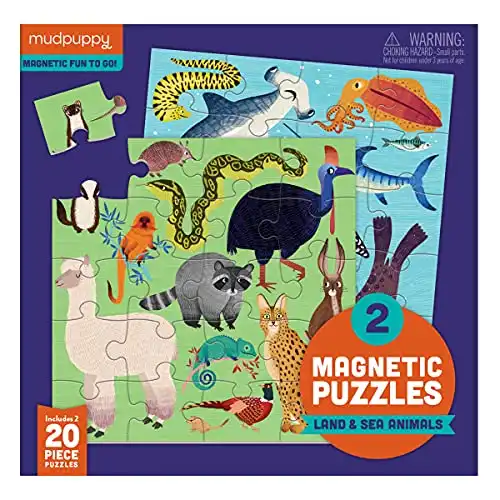 Mudpuppy Land & Sea Animals Magnetic Jigsaw Puzzle, Great for Kids Ages 4+, 2 Magnetic Puzzles, 20 Pieces Each, 6.5” x 6.5”, On-The-Go Magnetic Package, Perfect for Travel, Multicolor