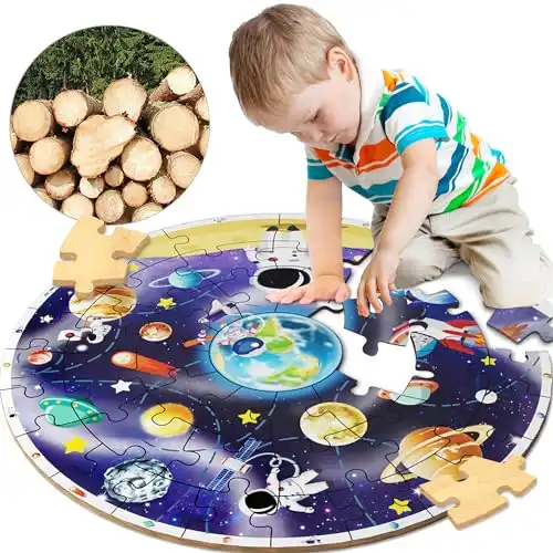 iPlay, iLearn Kids Puzzle Ages 4-8, Wooden Solar System Floor Puzzles Ages 3-5, Large Round Space Planets Jigsaw Puzzle Toys, Educational Learning Gift for 6 7 8 Years Old Toddlers Boys Girls Children