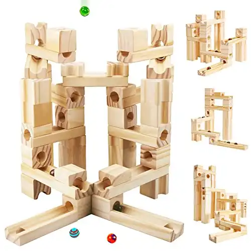 Wooden Marble Run for Kids Ages 4-8, 60 Pieces Wood Building Blocks Toys and Construction Play Set, Marble Track Maze Game STEM Learning Toys Gifts for Boys Girls (60pc Set)