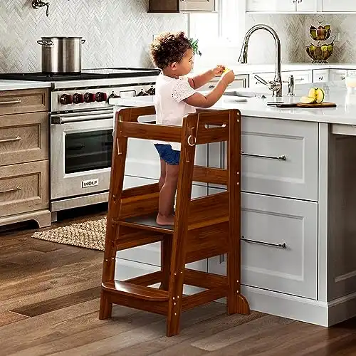 TOETOL Bamboo Toddler Kitchen Step Stool Helper Standing Tower Height Adjustable with Anti-Slip Protection