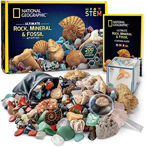 NATIONAL GEOGRAPHIC Rock Collection Box for Kids – 300+ Piece Gemstones and Crystals Set Includes Geodes and Real Fossils, Rocks and Minerals Science Kit , A Geology Gift for Boys and Girls