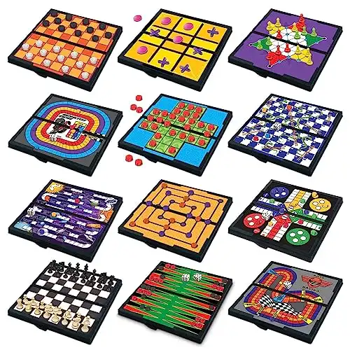 Magnetic Board Game Set by GAMIE - Includes 12 Retro Fun Games - 5" Compact Design - Individually Boxed - Teaches Strategy & Focus - Great for Road Trip/Travel/Camping - Best Gift for Kids Ag...