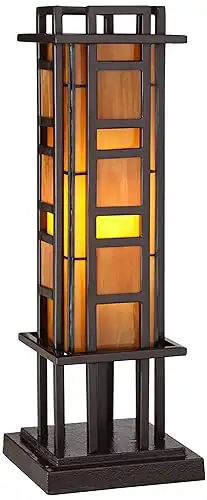 Robert Louis Tiffany Prairie Style Mission Rustic Pillar Accent Table Lamp Bronze Iron Column Hand-Cut Amber Stained Art Glass for Living Room Bedroom House Bedside Nightstand Home Office Family