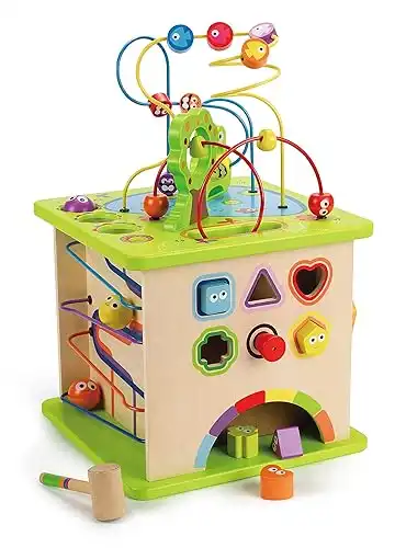 Country Critters Wooden Activity Play Cube by Hape | Wooden Learning Puzzle Toy for Toddlers, 5-Sided Activity Center with Animal Friends, Shapes, Mazes, Wooden Balls, Shape Sorter Blocks and More, 13...