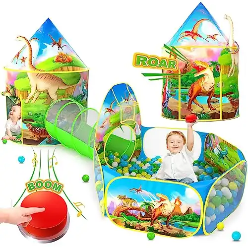 PigPigPen 3pc Dinosaur Play Tent for Kids with Big Roar Button, Baby Ball Pit, Crawl Tunnel, Castle Tents for Toddlers, Children Indoor & Outdoor Playhouse Toys, Perfect Kid’s Gifts